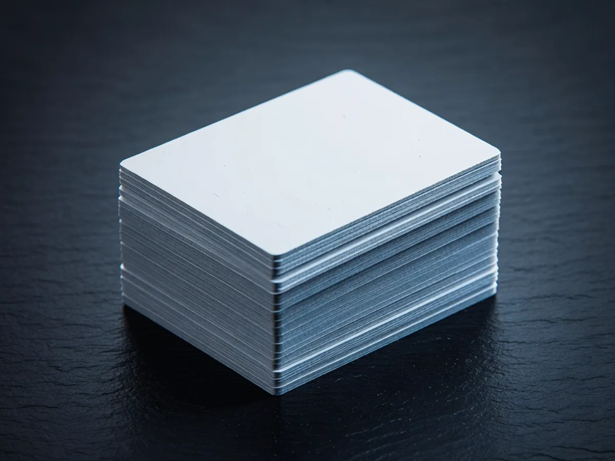 A stack of blank white PVC cards on slate, edge-lit to show the thickness of each one