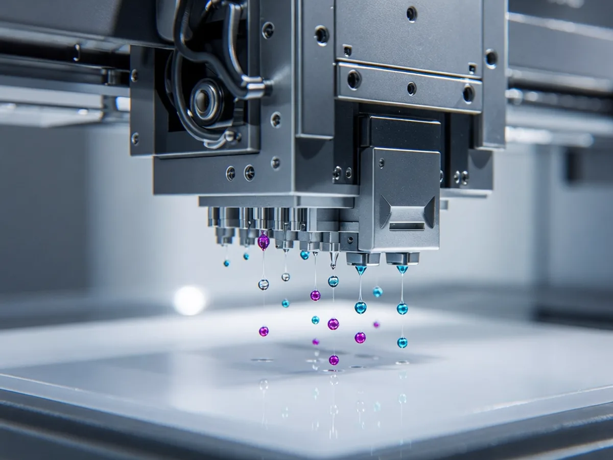 A print head laying down cyan and magenta ink droplets onto a blank plastic sheet
