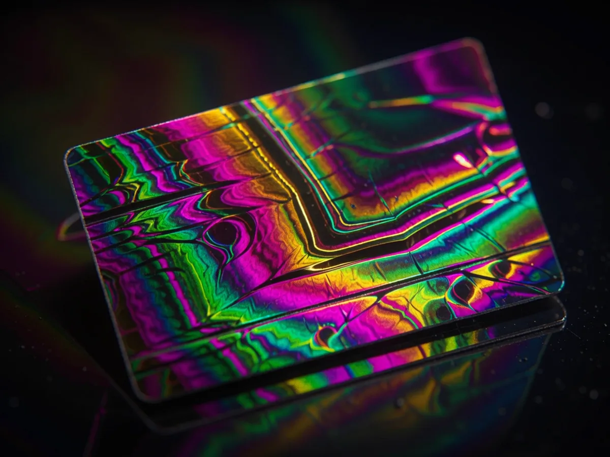 Holographic foil on a card, rainbow diffraction shifting through magenta, green and gold