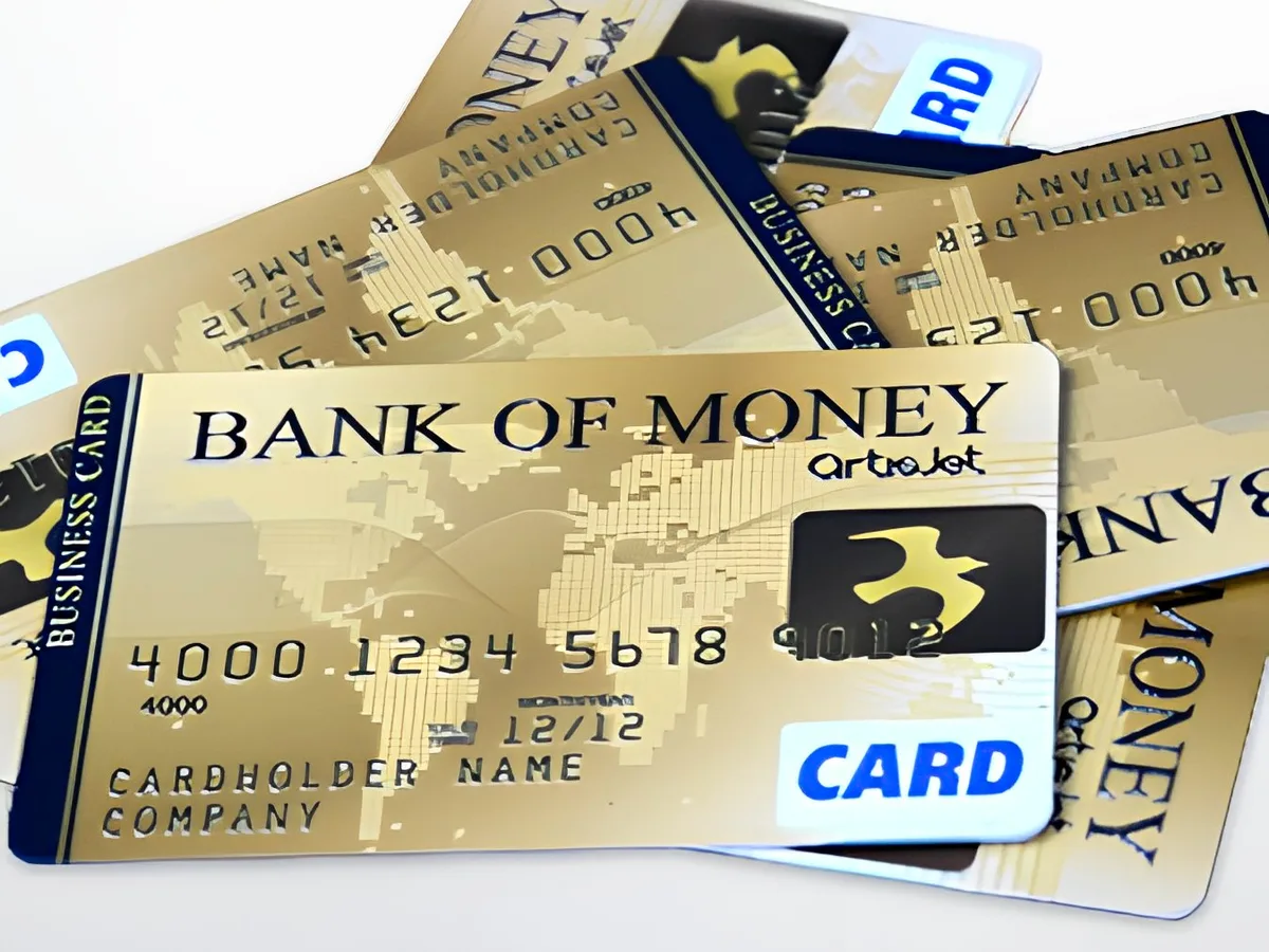 Gold cards fanned out, the embossed cardholder name and long number standing proud of the surface and catching the light