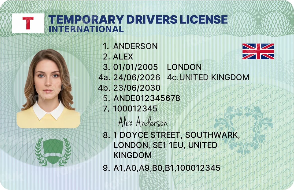 Green “Temporary” License Card — front view.