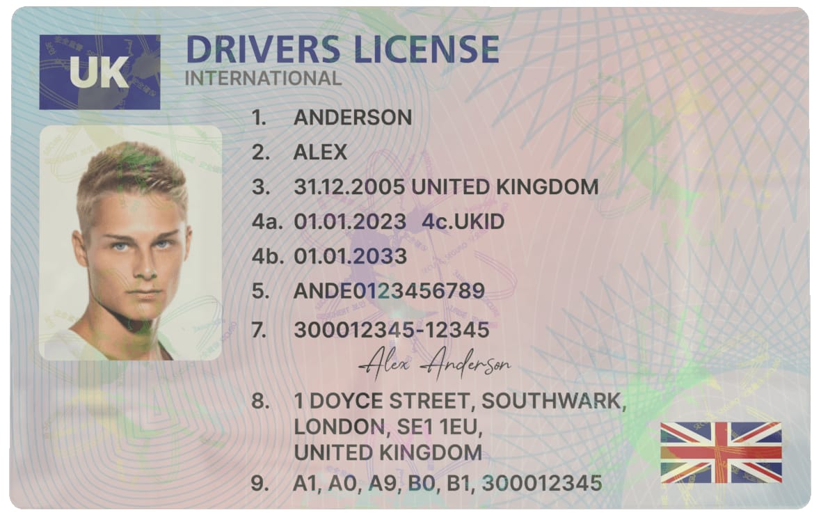 Classic UK Drivers License — front view.