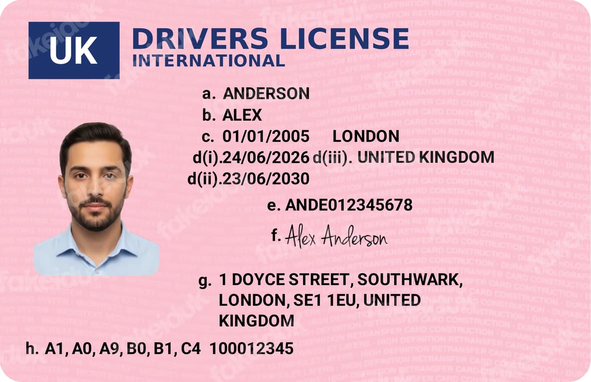 UK Driver’s License Pink Style Card — front view.